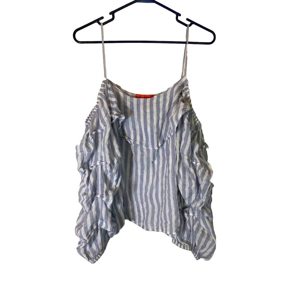 Blue Off Cold Shoulder White Stripes Top Women's 1X Scandi Ruffle
